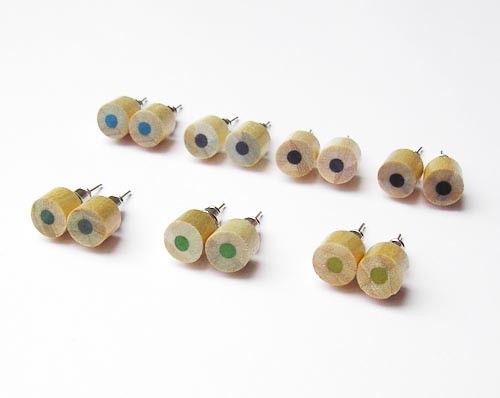 Naked Wood Color Pencil Ear Studs, Green, Blue And Black Series (set Of 7 Pairs)